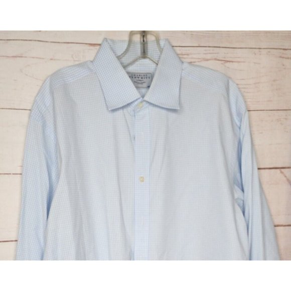 Charles Tyrwhitt London Blue Checkered French Cuff 17 1/2x36 Embroidered Shirt - Picture 3 of 12
